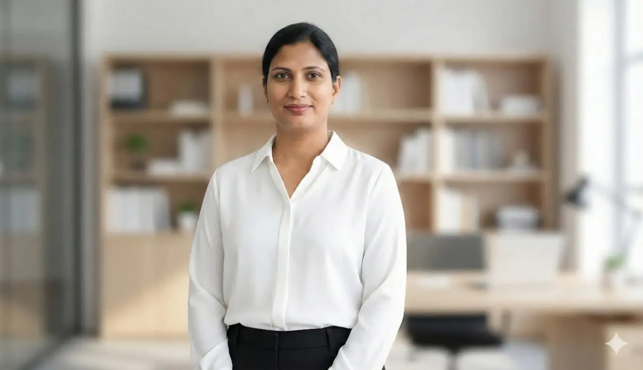 a women wears formal wear white shirt and black skirt and keeps a proffessionalism in manner to work with best digital marketer in Thrissur