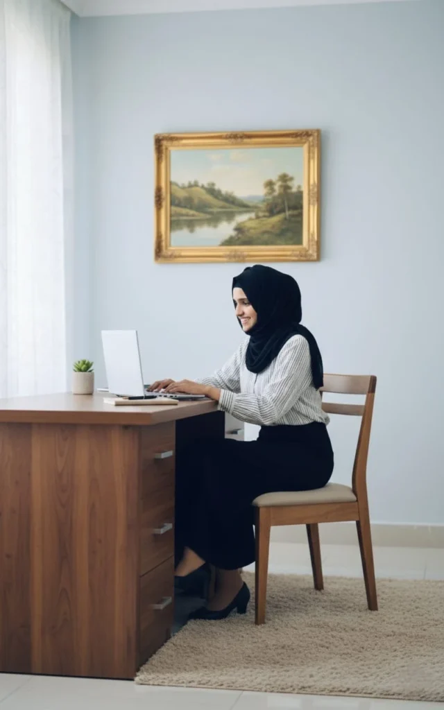 One of the Best Digital Marketer in Thrissur Faseela Nahas sitting in front of laptop at a woodeen desk in a calm, minimal office setting