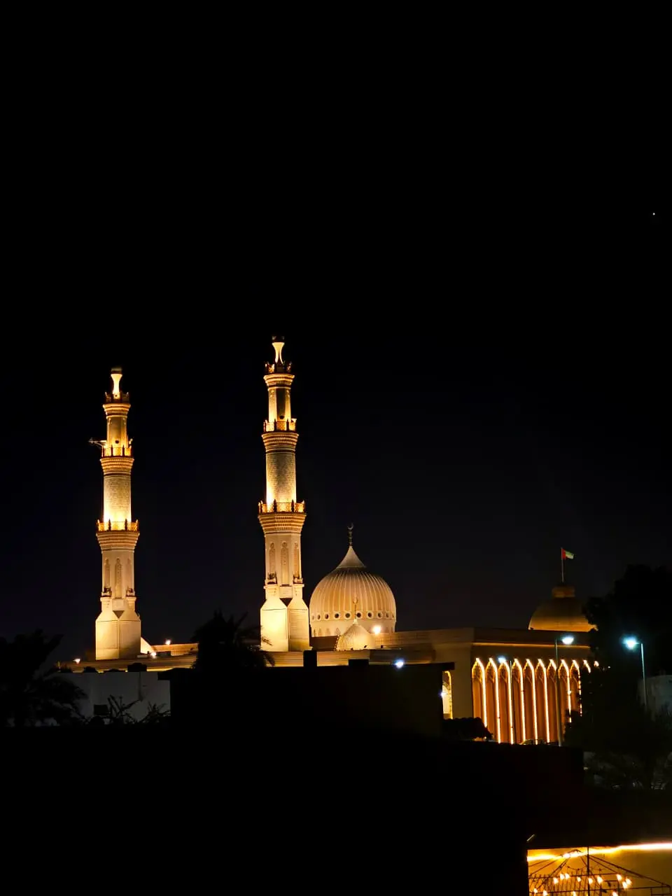 One of the best digital marketer in Thrissur captured “Illuminated mosque with tall minarets and a central dome glowing against a dark night sky.”