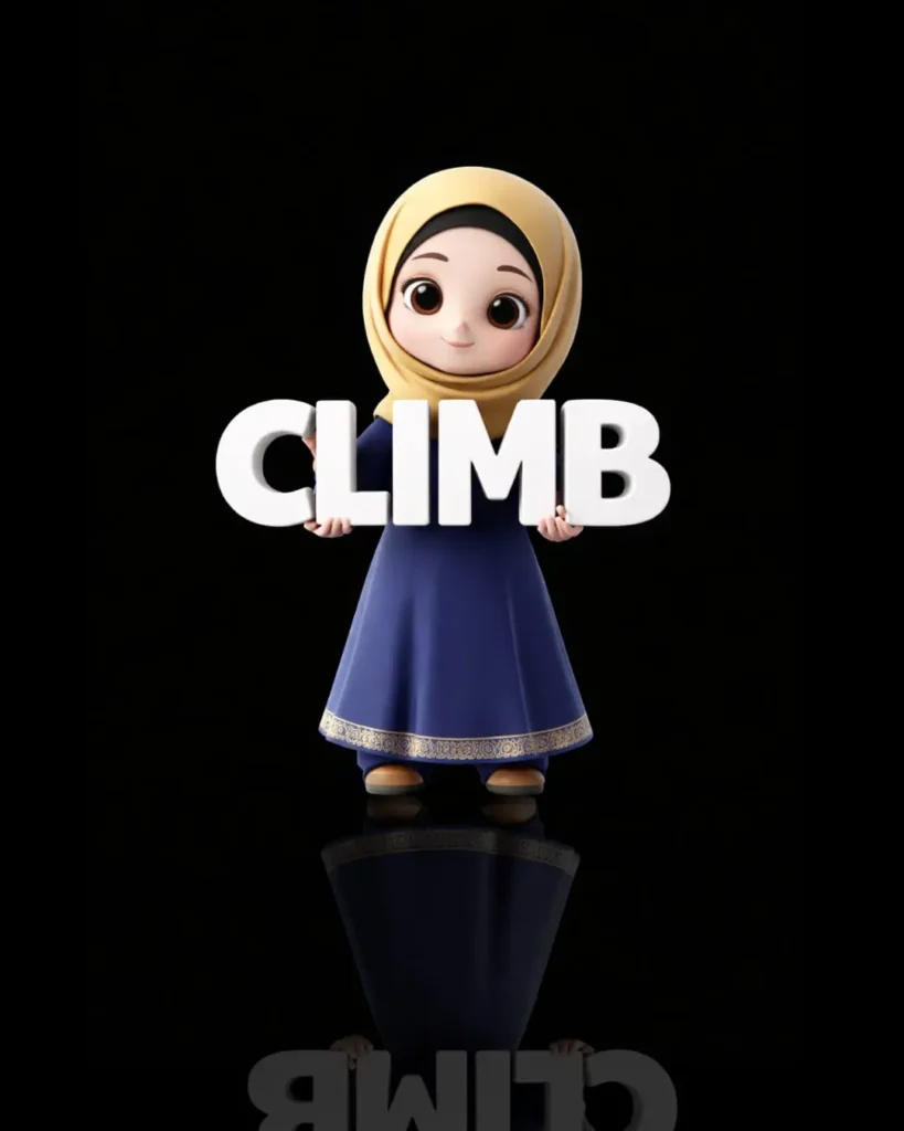 Best Digital Marketer in Kerala concept image showing a 3D hijab girl holding the word “CLIMB” on a laptop screen with WordPress dashboard